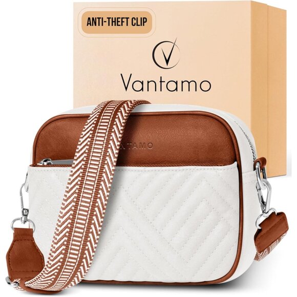 White & Brown Quilted Crossbody Bag for Women with RFID, Anti-Pickpocket Clip, A - Picture 1 of 6